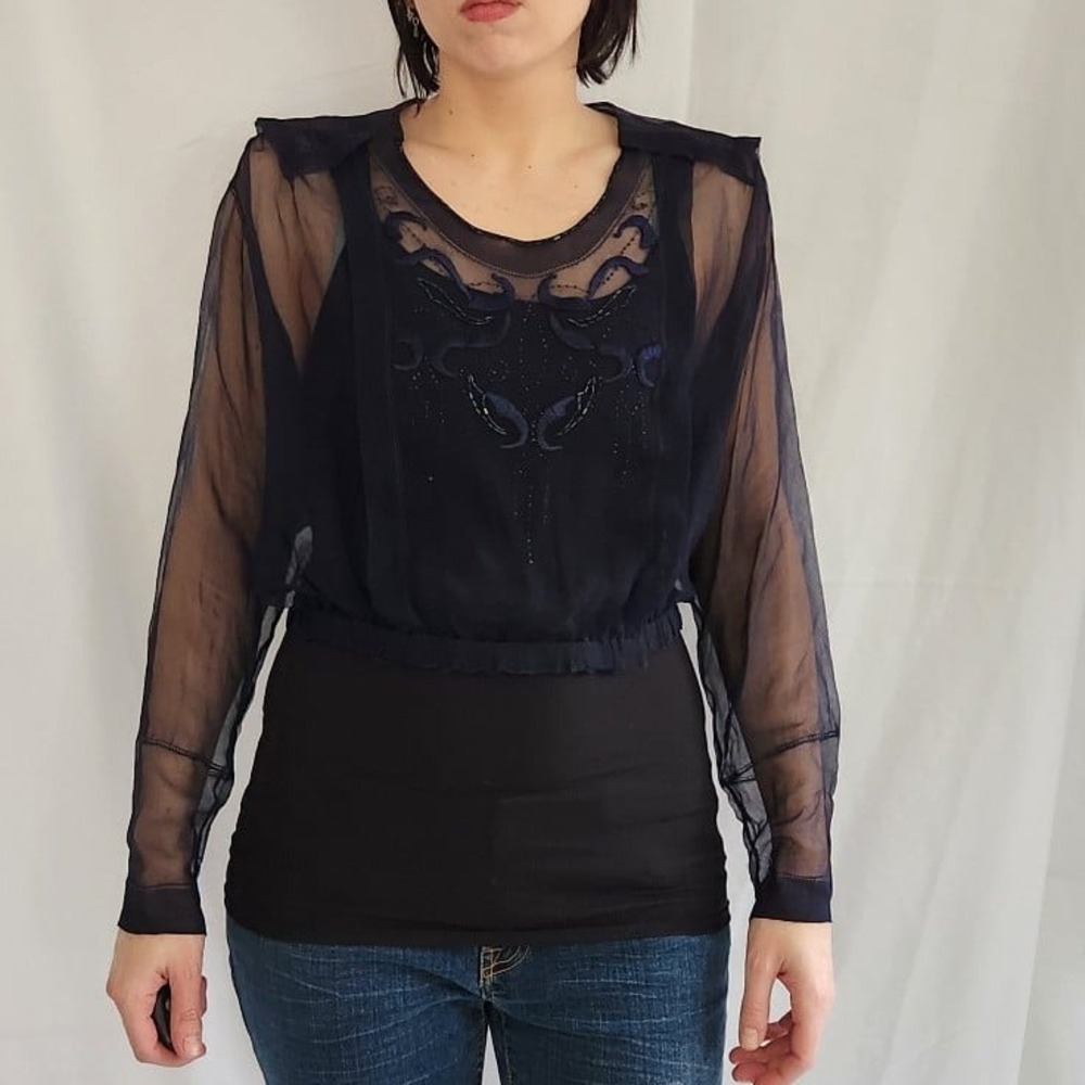 30s Navy Blue Embroidered Beaded Top